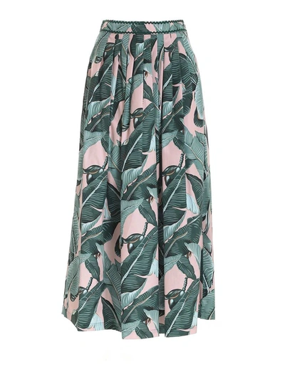 Weekend Max Mara Pleated Cotton Poplin Leaf Print Skirt In Pink
