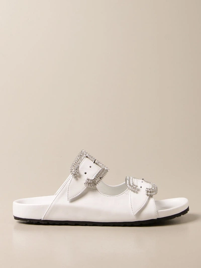 Anna F Leather Sandals With Rhinestone Buckle In White