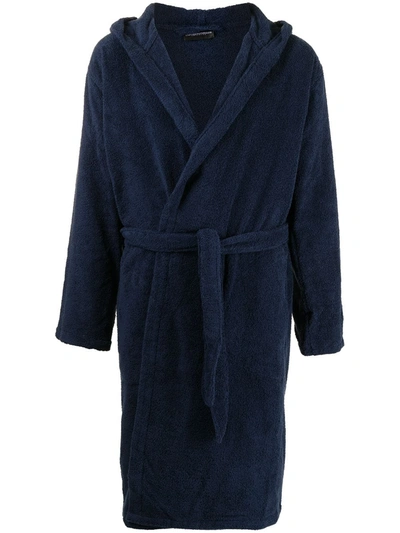 Emporio Armani Logo-stripe Cotton Fleece Bathrobe In Blue