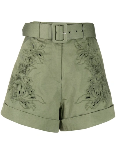 Self-portrait Belted Broderie Anglaise Cotton-twill Shorts In Green