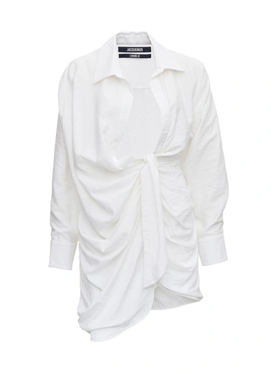 Jacquemus La Robe Bahia Knotted Shirt Dress In White