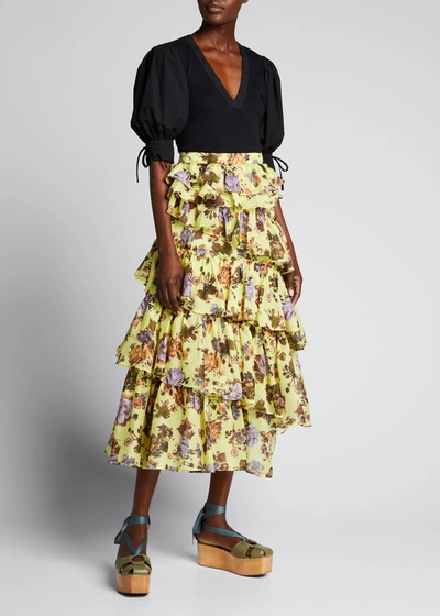 Ulla Johnson Leah Floral Ruffle Organza Midi Skirt In Primrose