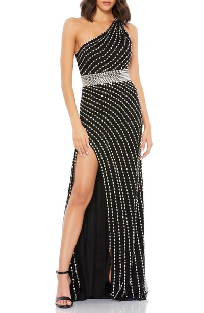 Mac Duggal Rhinestone One-shoulder Column Gown In Black