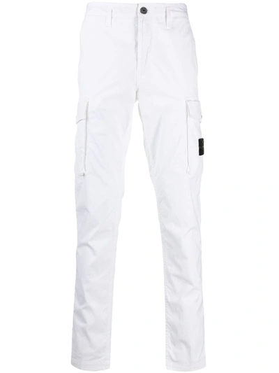 Stone Island Logo Patch Tapered Cargo Trousers In White