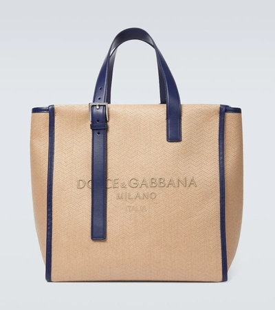 Dolce & Gabbana Herringbone Tote With Logo Embroidery In Beige,blue