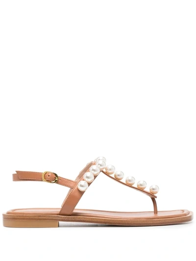 Stuart Weitzman Goldie Faux-pearl Embellished Sandals In Brown