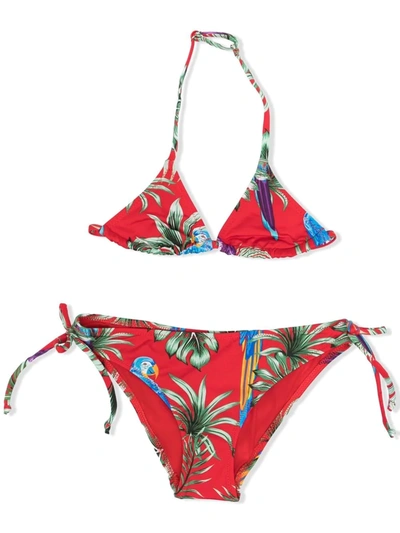 Mc2 Saint Barth Kids' Tropical-print Halterneck Bikini In Red