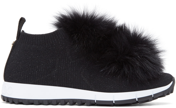 Jimmy Choo Norway Black Knit And Lurex Trainers With Fur Pom Poms | ModeSens