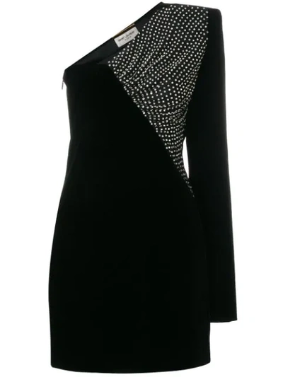 Saint Laurent Velvet Asymmetrical Mini Dress In Black