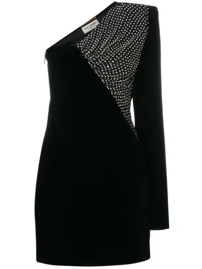 Saint Laurent Velvet Asymmetrical Mini Dress In Black | ModeSens