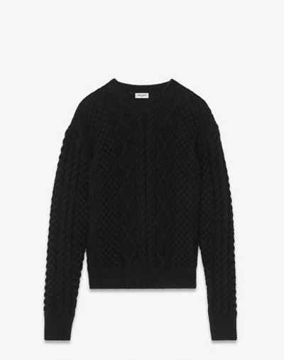 Saint Laurent Round-neck Sweater In Aran Cable-knit Black Wool