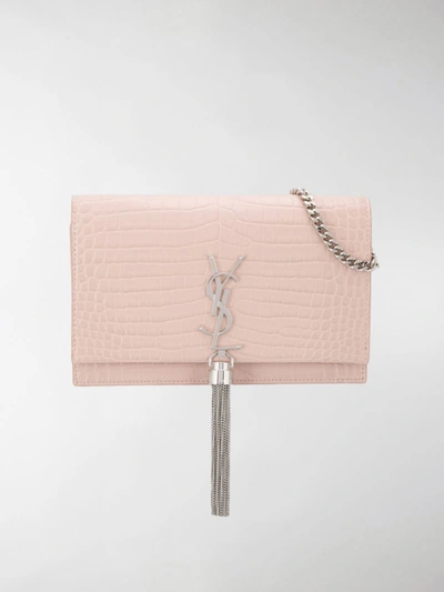 Saint Laurent Small Kate Crocodile-effect Tassel Crossbody Bag In Pink
