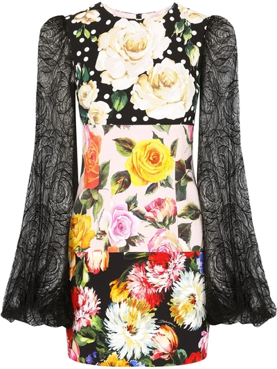 Dolce & Gabbana Short Patchwork Cady Dress With Lace Sleeves In Variante Abbinata (black)