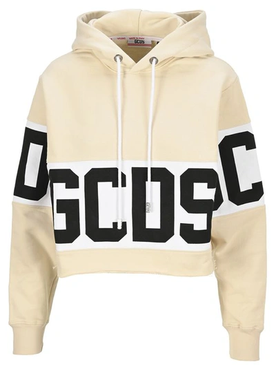 Gcds Crop Logo Hoodie In Cream Color