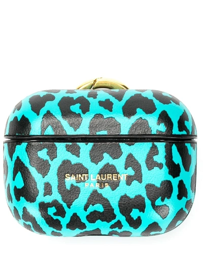 Saint Laurent Leopard Print Airpods Pro Case, Aqua And Black In Blue