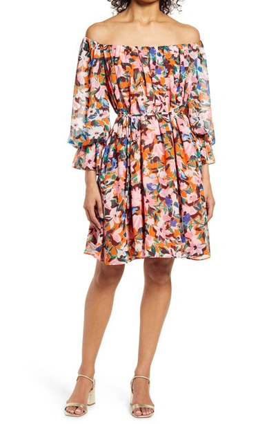 Donna Morgan Floral Long Sleeve Crepe Dress In Tangerine/ Pink