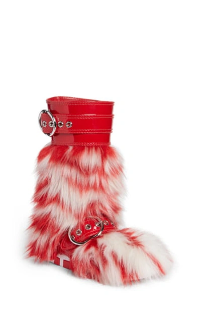 Miu Miu Striped Faux-fur And Patent Boot In Red/ White