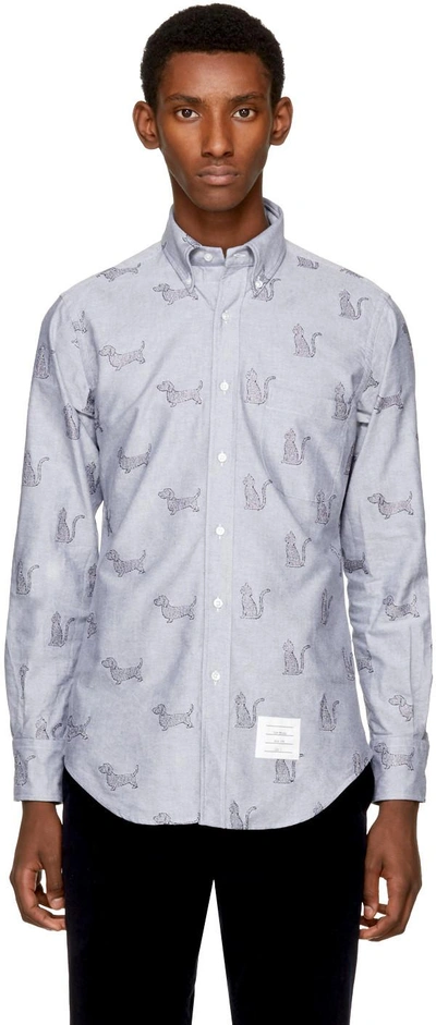 Thom Browne Long Sleeve Button Down Shirt With 'thom Cat' And Hector Embroidery In Blue Oxford In Navy