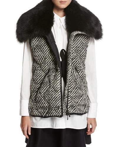 Moncler Eleagnus Tweed Quilted Vest W/ Fur Trim In Black/white