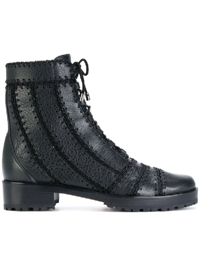 Alexandre Birman Regina Combat Crochet-trimmed Textured-leather Ankle Boots In Black