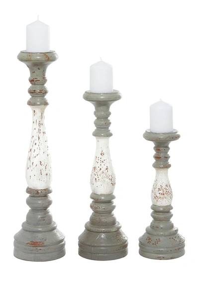 Willow Row White And Grey Wood Farmhouse Candlestick Holders, 20" X 5" X 5"