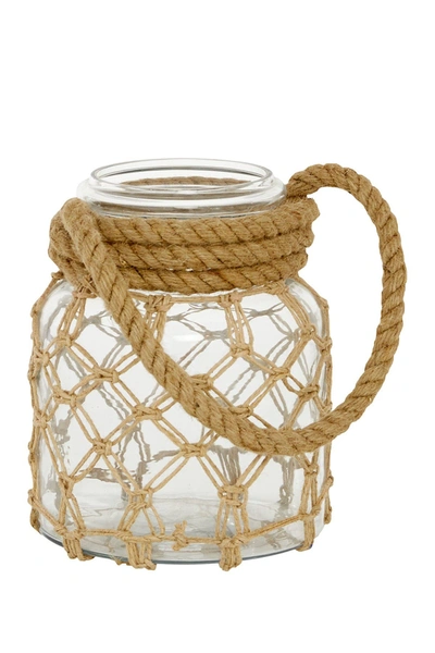 Willow Row Clear Glass Candle Lantern With Rope Handle In Brown