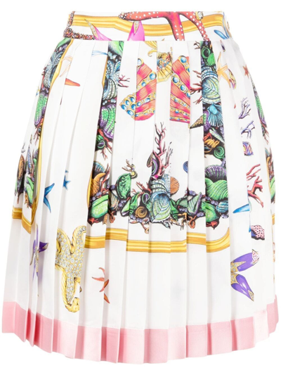 Versace Pleated Printed Silk-twill Mini Skirt In Bianco Stampa