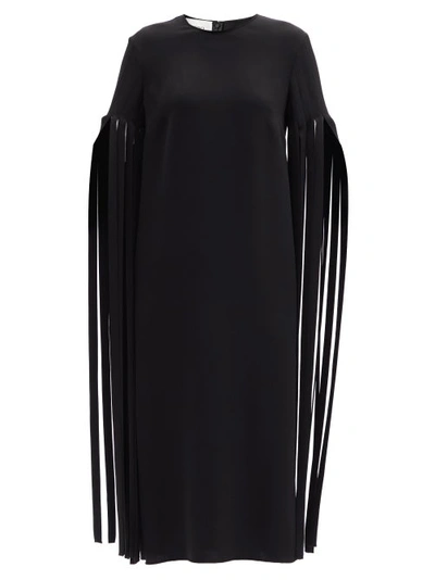 Valentino Cady Couture Fringe-sleeve Silk Midi Dress In Nero