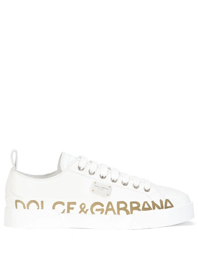 Dolce & Gabbana Sneakers In White Leather With Gold Logo