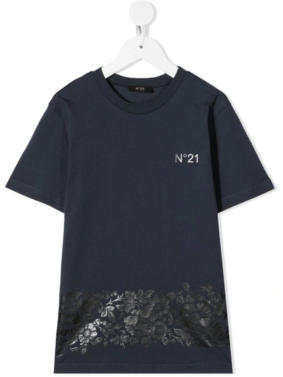 N°21 Kids' Floral-print Crew-neck T-shirt In Blue
