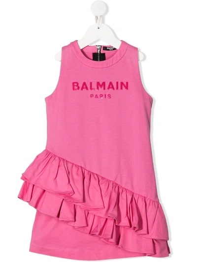 Balmain Kids' Little Girl's & Girl's Sequin Logo Ruffled Tank Dress In Fuxia
