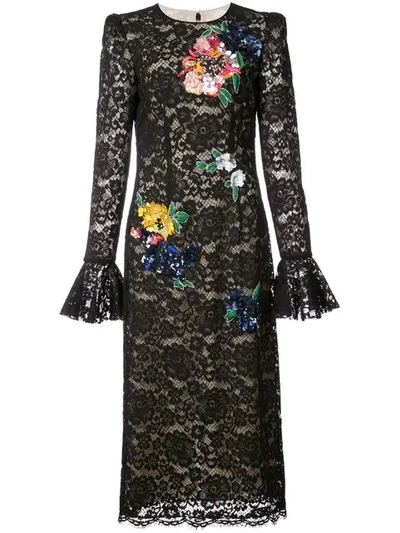 Monique Lhuillier Sequined Floral Lace Midi Dress In Noir
