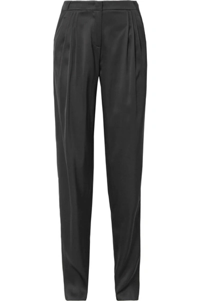 Giorgio Armani Pleated Silk-satin Tapered Pants In Black