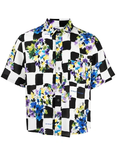 Off-white Check Floral Holiday Short Sleeve Button-up Camp Shirt In Multicolor