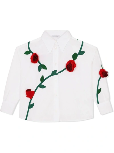 Dolce & Gabbana Kids' Poplin Shirt With Organza Rose In White