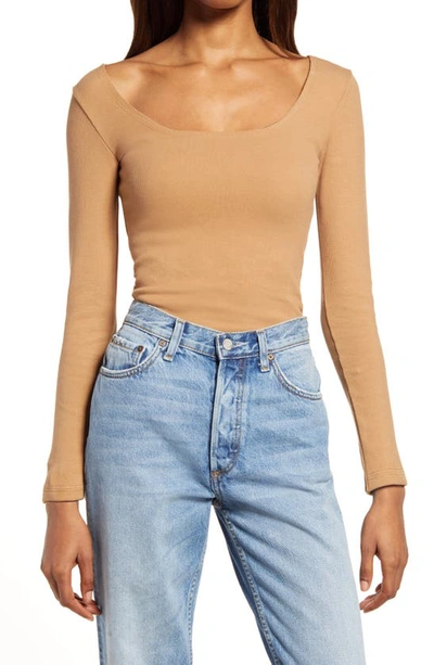 Allsaints Jamie Long Sleeve Ribbed Bodysuit In Desert Tan