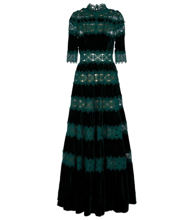 Costarellos Lissie Paneled Velvet And Guipure Lace Gown In Green