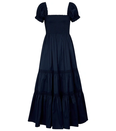 Tory Burch Puff-sleeve Smocked-bodice Tiered Midi Dress In Tory Navy