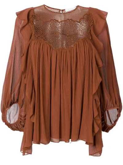 Chloé Lace-panelled Silk Blouse In Brown