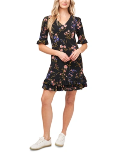 Cece Short Sleeve Ruffled Garden Floral Knit Dress In Rich Black