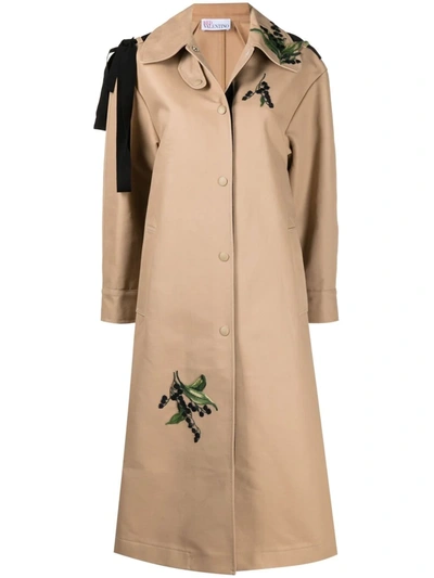 Red Valentino Bow-embellished Embroidered Cotton-gabardine Trench Coat In Beige