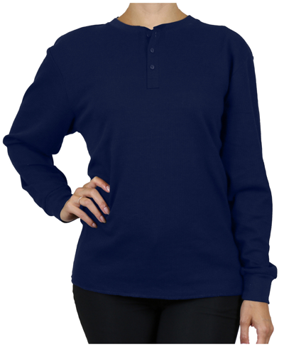 Galaxy By Harvic Women's Oversize Loose Fitting Waffle-knit Henley Thermal Sweater In Navy