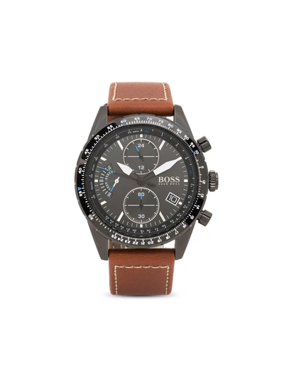 Hugo Boss Men's Pilot Edition Black Stainless Steel & Leather-strap Chronograph Watch In Black/brown