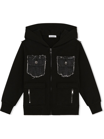 Dolce & Gabbana Kids' Jersey Hoodie With Denim Inserts In Black