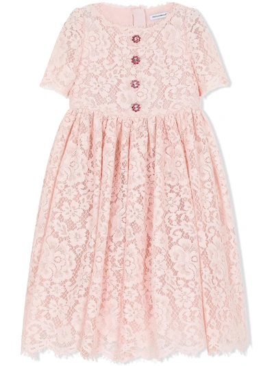 Dolce & Gabbana Kids' Long Cordonetto Lace Dress In Pink