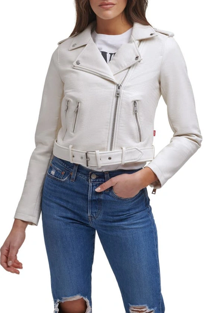 Levi's Faux Leather Fashion Belted Moto Jacket In White Croc
