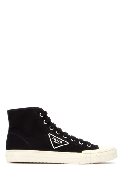 Prada Logo Detailed High Top Sneakers In Black