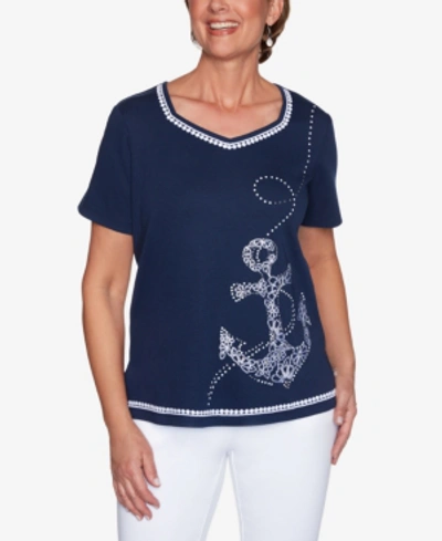 Alfred Dunner Women's Missy Anchor's Away Anchor Dot Embroidery Top In Navy