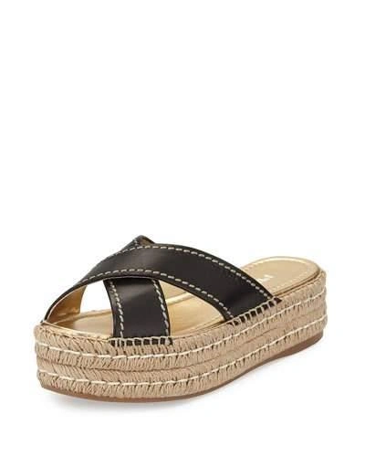 Prada Leather Crisscross Espadrille Slide Sandal In Nero