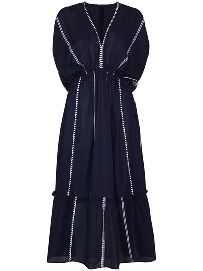 Lemlem + Net Sustain Nunu Gathered Embroidered Cotton-gauze Midi Dress In Blue
